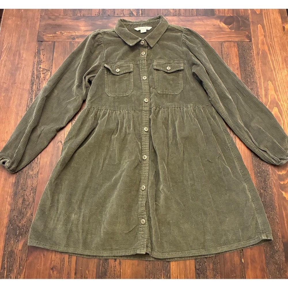 American Eagle Babydoll Dress Olive Green Corduroy Mini Long Sleeve Women Small